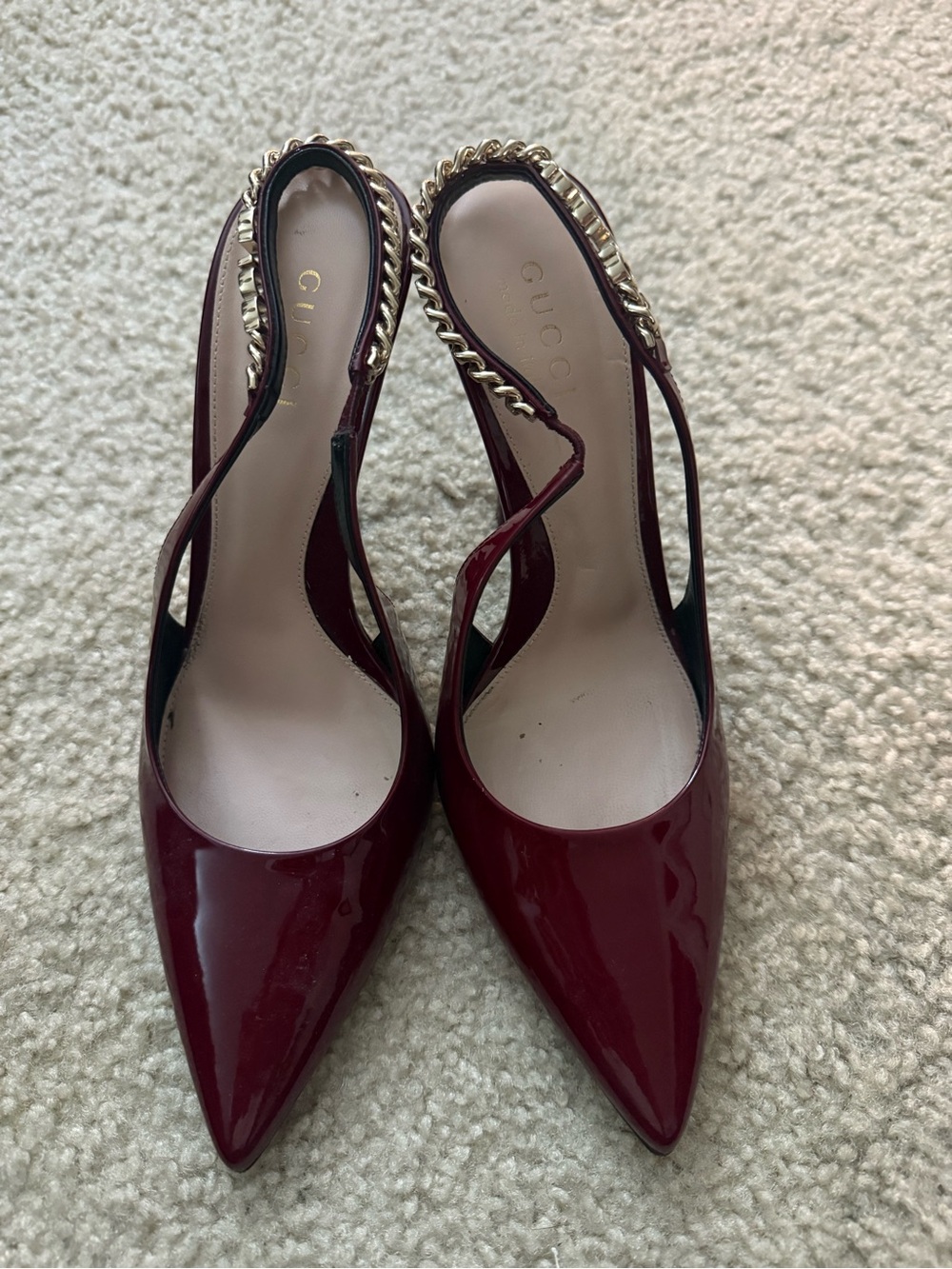 Gucci Burgundy Patent Slingback Pumps with Gold Chain Trim